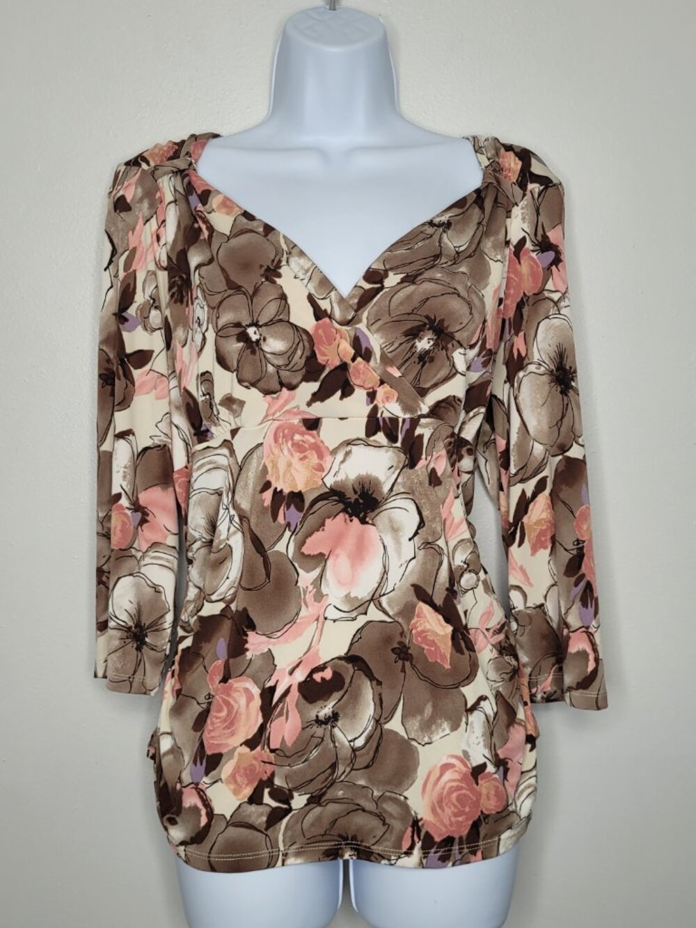Y2k George pink brown artsy abstract floral print babydoll 3/4 sleeve top xl